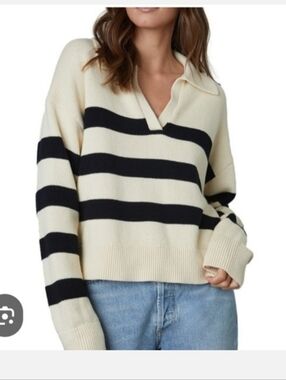 Striped Collared V-Neck Sweater - Cream & Black Sz M
